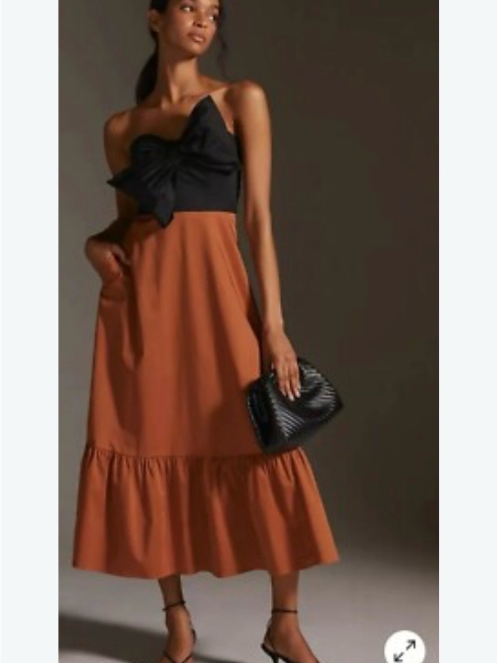 Black and Rust One-Shoulder Midi Dress with Statement Bow